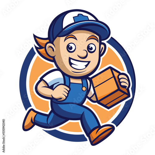 Courier delivery mascot running with a package to ensure speedy delivery in a vibrant, colorful design conveying efficiency and reliability