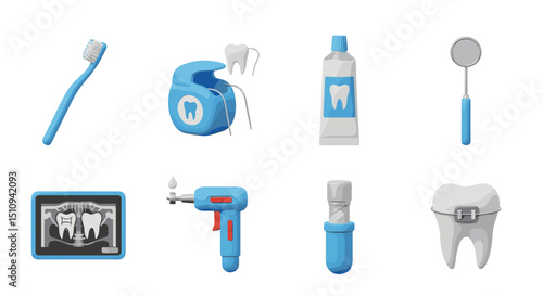 Dental care and oral hygiene products for healthy teeth and gums illustration set of tools and equipment