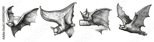 Vintage Illustrations of Bats in Flight and Resting Positions, Logo Design, Hand drawing Engraving, Vector Illustration Isolated Object