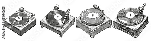 Vintage Turntables and Vinyl Records in Engraved Illustration Style, Logo Design, Hand drawing Engraving, Vector Illustration Isolated Object