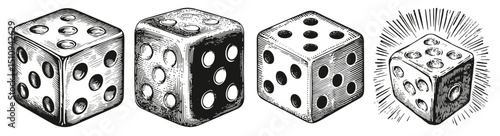 Vintage Style Dice Illustrations Perfect for Game and Design Projects, Logo Design, Hand drawing Engraving, Vector Illustration Isolated Object