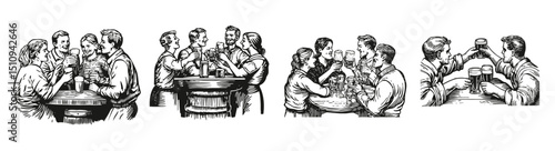 Vintage Illustration of Friends Toasting with Beer in Bar Setting, Logo Design, Hand drawing Engraving, Vector Illustration Isolated Object