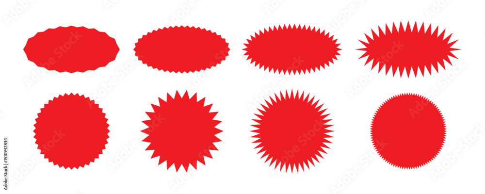 Set of red starburst, sunburst badges. Design elements - best for sale sticker, price tag, quality mark. Flat vector illustration isolated on white background. Set of red starburst, sunburst badges. Design elements - best for sale sticker, price tag, quality mark. Flat vector illustration isolated on white background.