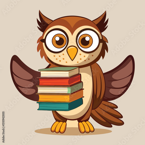 Owl mascot representing a book publisher holds a stack of colorful novels, emphasizing the joy of reading and storytelling