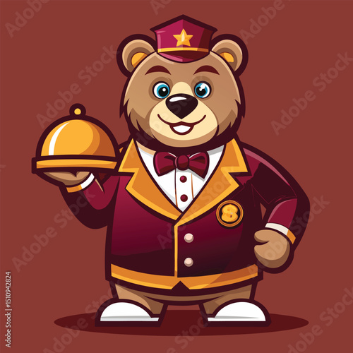 Bear mascot concierge stands proudly with a service bell and key in hand, ready to assist guests with a welcoming smile in a warm, inviting environment