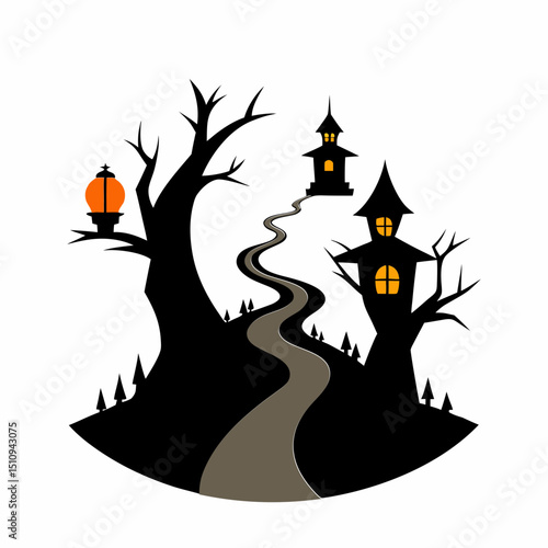 Spooky Halloween Haunted House with Winding Path Silhouette