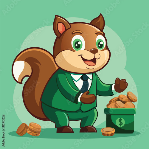 Squirrel mascot enthusiastically organizing and saving nuts in a bank with a cheerful expression and well-tailored suit
