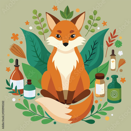 Creative fox mascot surrounded by essential oils and natural elements promoting wellness and nature appreciation