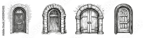 Vintage Wooden Doors Collection in Unique Architectural Styles, vector illustration, engraving design, logo design set, black and white line, template design element