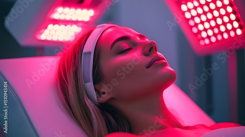A relaxed woman receiving red light therapy treatment