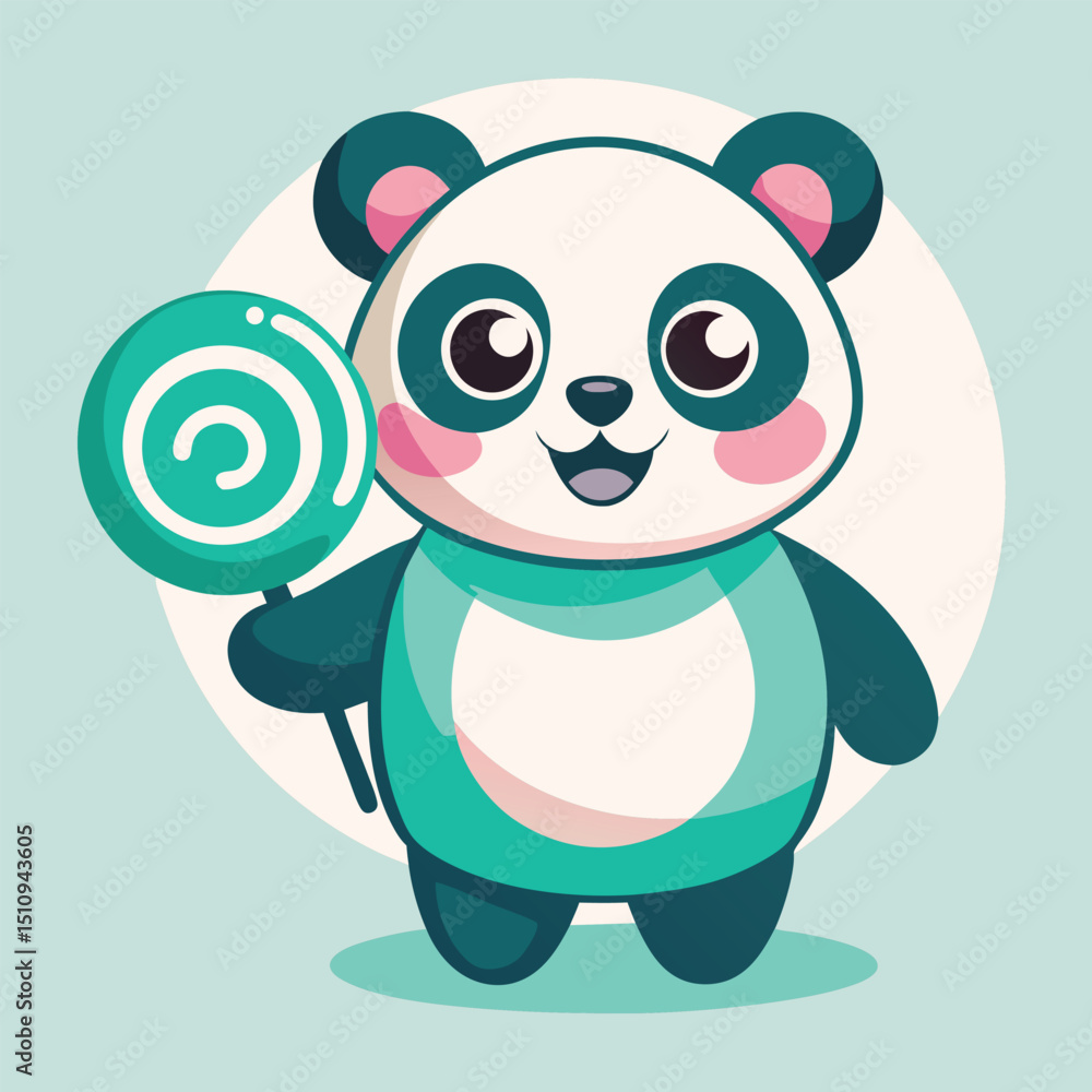 Naklejka premium Delightful panda mascot holding a swirl lollipop with an excited expression in a colorful setting
