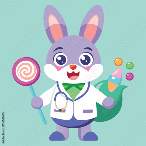 Cheerful rabbit mascot pediatrician wearing a colorful stethoscope interacts with children in a friendly clinic environment during a health awareness event