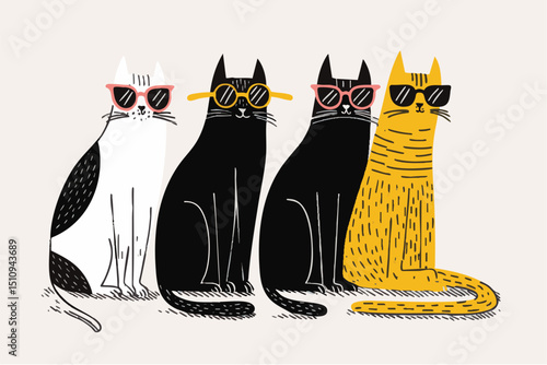 illustration of cool summer cats wearing sunglasses. hand drawn cartoon style