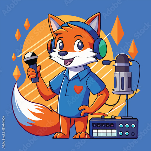 Fox mascot podcast host delivers engaging content while holding microphone in a vibrant studio environment with sound equipment