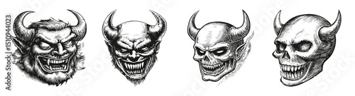 Detailed Illustrations of Malevolent Horned Creatures and Skulls, vector illustration, engraving design, logo design set, black and white line