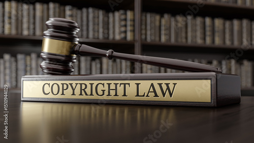 Copyright Law: Judge's Gavel as a symbol of legal system and wooden stand with text word