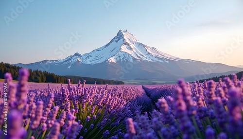 Snow-capped Mountain Behind Vibrant Lavender Field During Sunrise