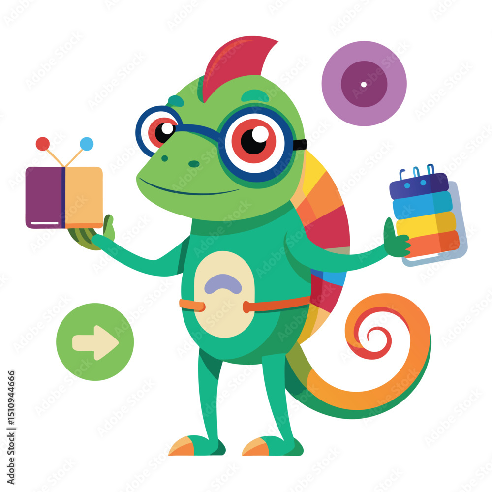 Obraz premium Chameleon mascot engages with students by changing colors to teach educational concepts in a vibrant classroom setting