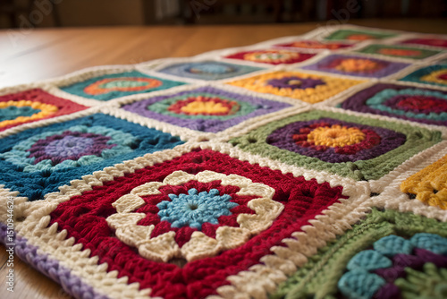 Colorful crocheted blanket with square patterns a handmade textile perfect for home decor and cozy living