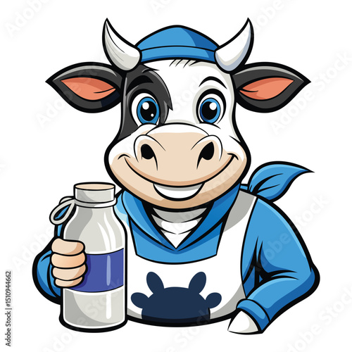 Cheerful jersey cow mascot promoting farm fresh milk with a playful attitude and a milk bottle in hand