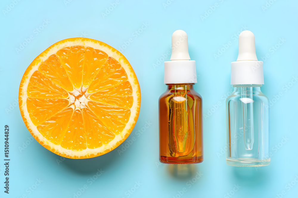 Overhead view of sliced orange half next to two dropper bottles one filled with amber liquid and the other clear against a solid blue backdrop Overhead view of sliced orange half next to two dropper bottles one filled with amber liquid and the other clear against a solid blue backdrop