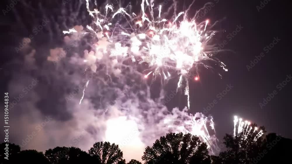 Spectacular fireworks light up the night sky during Fourth of July celebration above trees Spectacular fireworks light up the night sky during Fourth of July celebration above trees