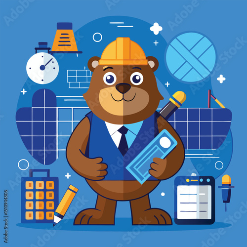 Creative beaver mascot participates in world architect simulation, showcasing building designs with tools and blueprints