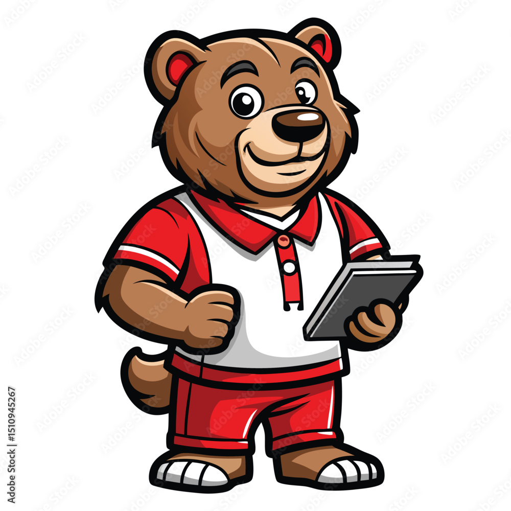 Bear mascot coaches sports team at a lively game while holding a playbook in a vibrant stadium setting, engaged with enthusiastic fans and players Bear mascot coaches sports team at a lively game while holding a playbook in a vibrant stadium setting, engaged with enthusiastic fans and players