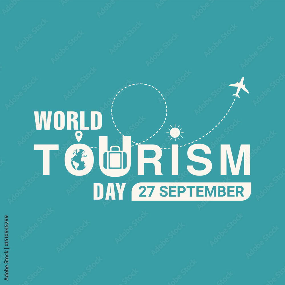 Fototapeta premium World Tourism Day Travel Vector Design with Globe, Airplane and Suitcase – 27 September