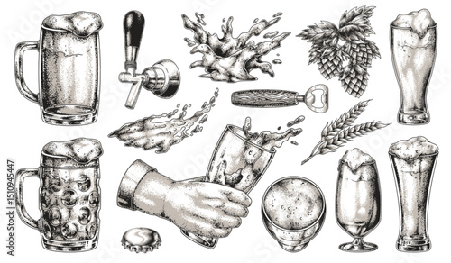 Artistic representation of beer making and serving