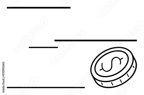 Dollar coin with motion lines indicating action or movement. Ideal for finance, commerce, wealth, transactions, economy, investments, savings. Suitable for a simple landing page