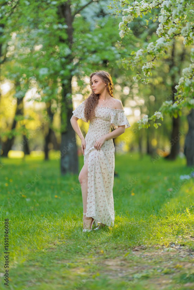 Beautiful Girl with long hair in a white dress poses near white blossoming apple trees Beautiful Girl with long hair in a white dress poses near white blossoming apple trees