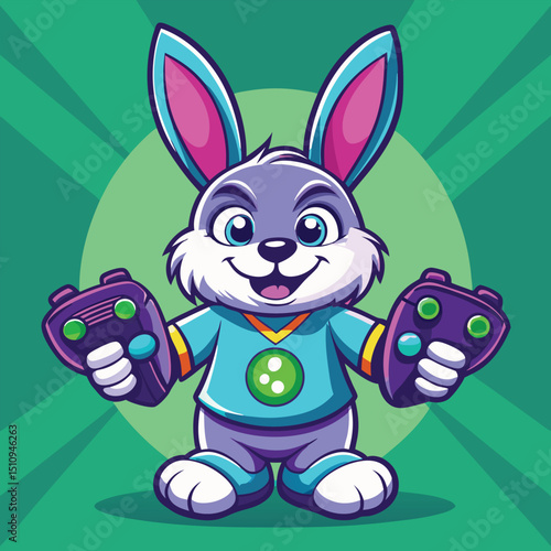 Exciting rabbit mascot holding multiplayer controllers ready for a gaming session with friends at the virtual gaming party