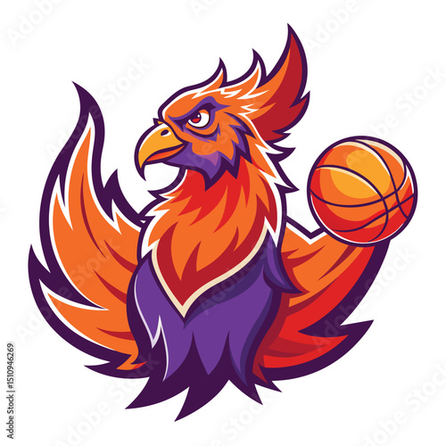 Phoenix mascot fiercely grips basketball in talons, symbolizing team spirit and excitement during game time