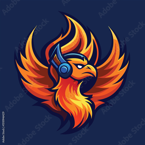 Phoenix mascot rises from digital flames to represent gaming prowess in a vibrant, fiery design in a modern style