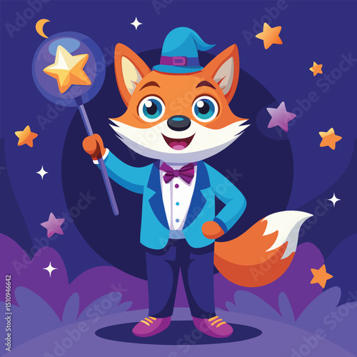 Fox mascot dressed as theme park guide holding a magic wand surrounded by stars in a whimsical nighttime setting