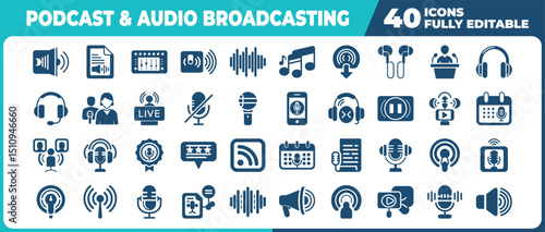 Collection of podcast and audio broadcasting icons featuring microphones headphones and sound waves