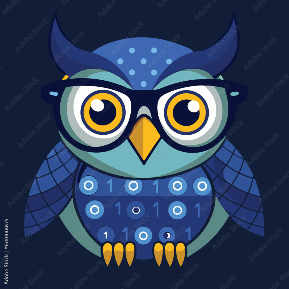 Fototapeta premium Owl mascot design featuring a binary code pattern on the feathers, highlighted by large glasses and bright colors, representing technology and education