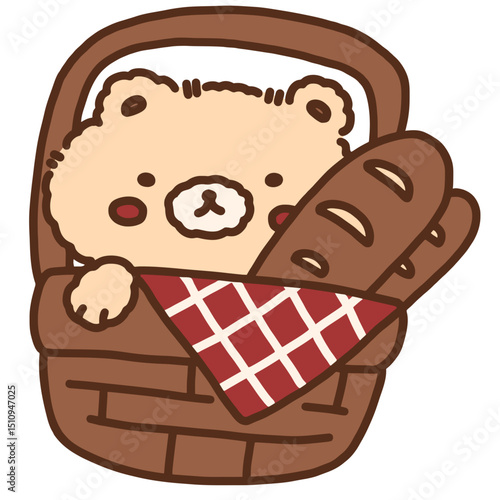 Bear and Bread in Basket Cute Hand Drawn Illustration