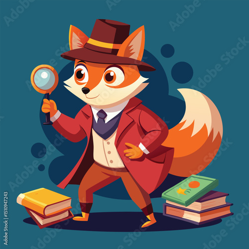 Fox mascot explores a world of book treasures using a magnifying glass to uncover hidden stories and secrets in a whimsical library setting