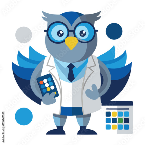 Owl mascot interpreting medical imaging results with expertise in a colorful and engaging depiction set in a friendly medical environment