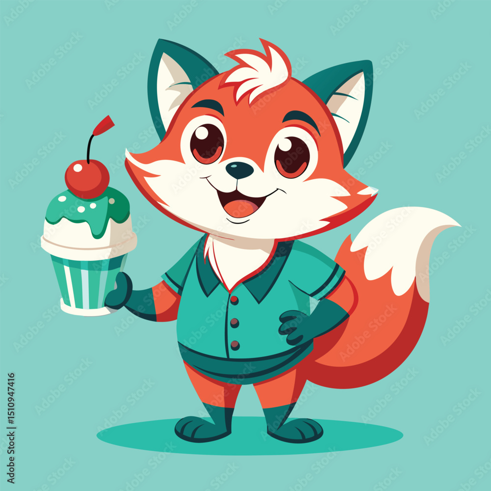 Playful fox mascot enjoying a delicious ice cream sundae in a cheerful setting Playful fox mascot enjoying a delicious ice cream sundae in a cheerful setting