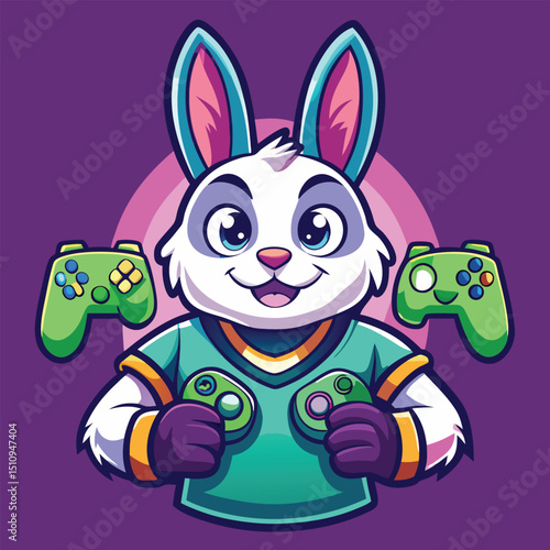 Friendly rabbit mascot holds multiplayer controllers in vibrant colors during a gaming event on a cheerful day