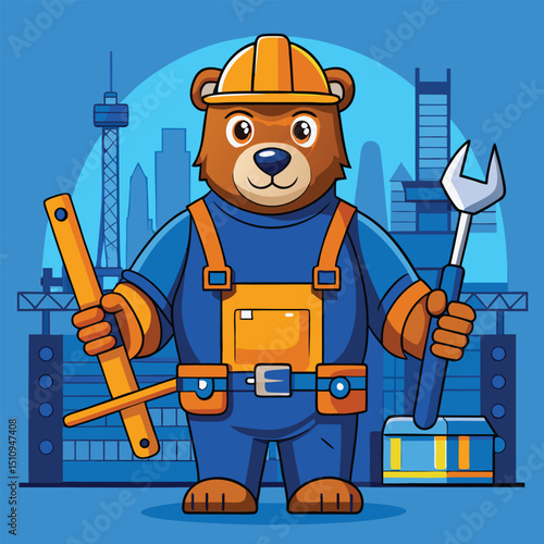 Bear mascot equipped with hardware tools and measuring tape engaged in construction activities at a city site during daytime