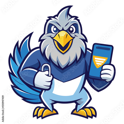 Eagle mascot holds a credit card and security lock to promote financial safety and awareness at an educational event
