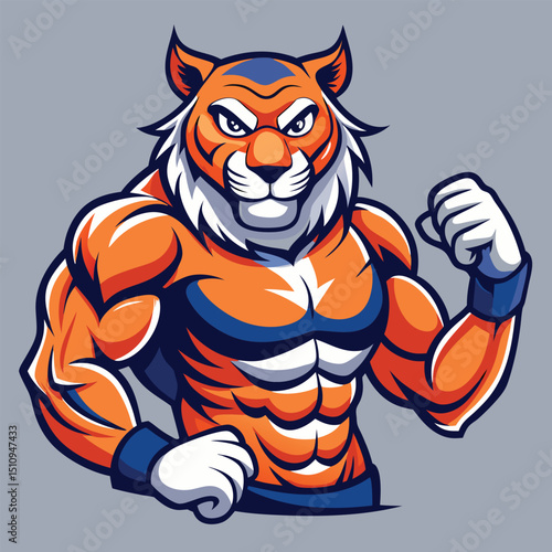 Toned tiger mascot in athletic pose displays strength and determination in a dynamic sports-themed design set against a neutral backdrop