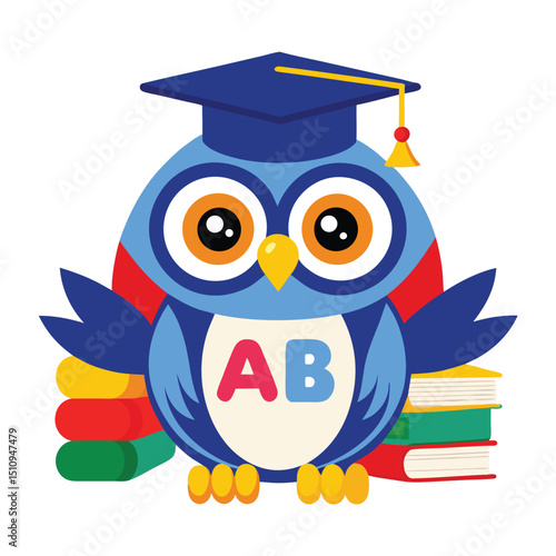 Owl mascot dressed in a graduation cap holding an alphabet book surrounded by stacks of colorful books, symbolizing education and learning in a fun and engaging manner
