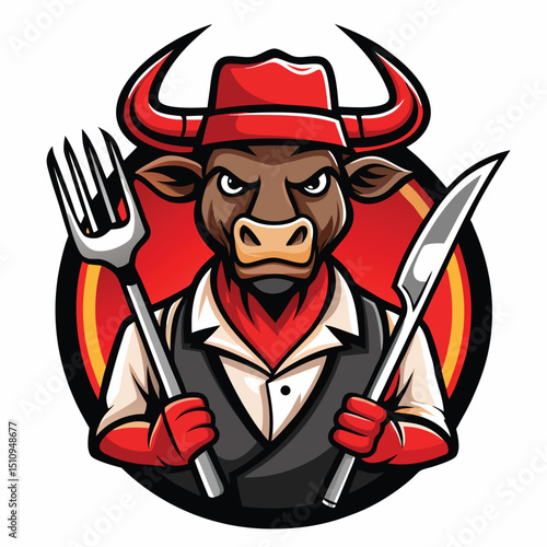 Bull mascot chef holding barbecue fork and knife ready to serve grilled delights in a festive setting