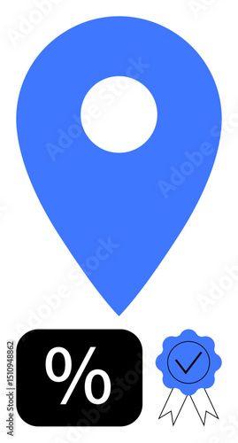 Blue location pin paired with a percentage icon and a certification badge indicating quality assurance. Ideal for concepts thumbs up offers, quality, trust, location, discounts, promotion, assurance