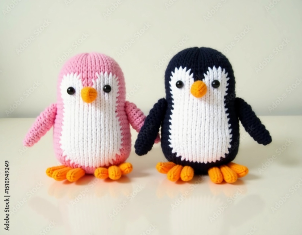 Fototapeta premium Two whimsical penguin toys, one pink and one black, stand side by side on a clean, bright surface, showcasing vibrant colors and intricate knitted details that add charm Generative AI